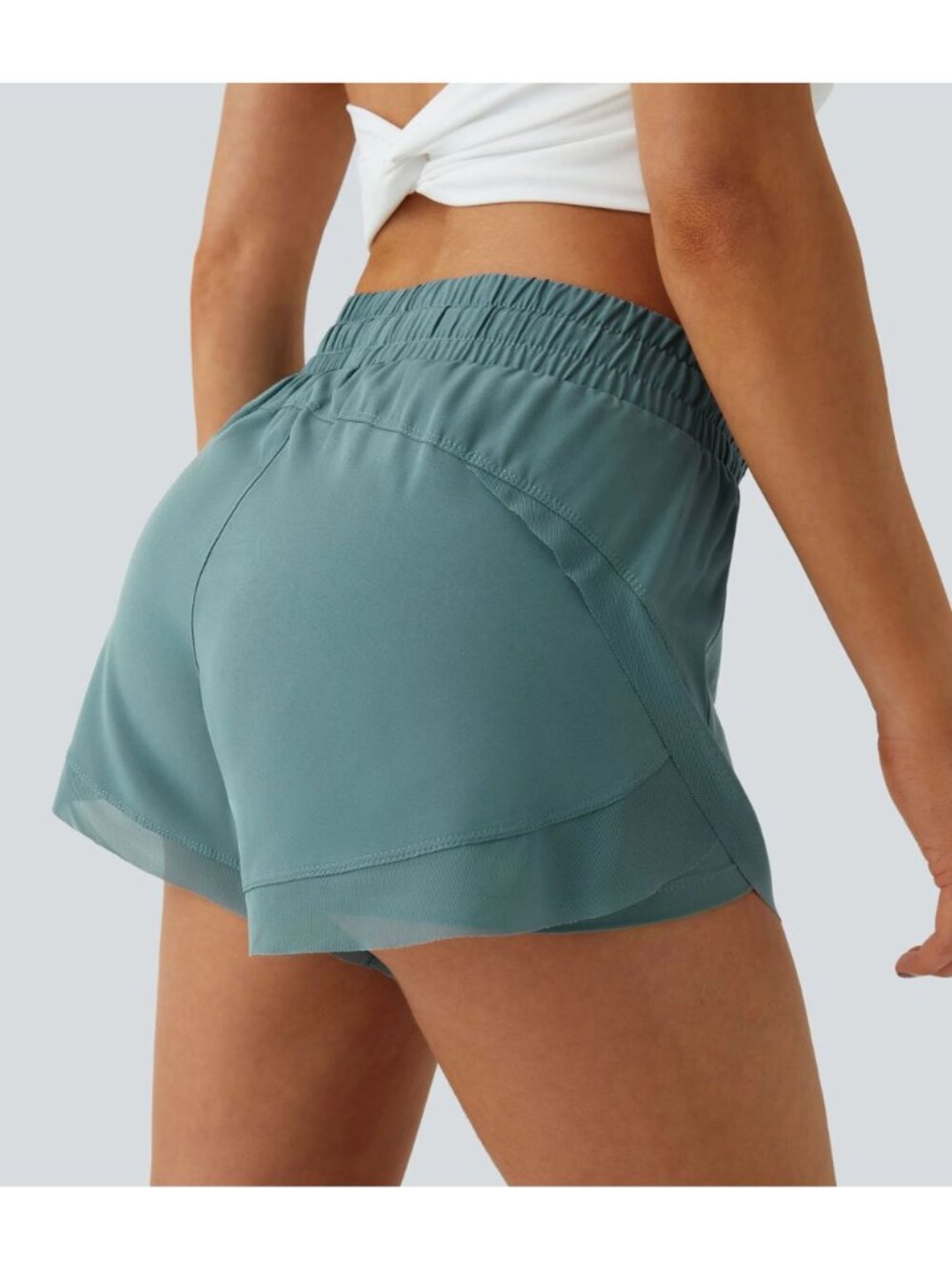 Halara Mid Rise Drawstring Contrast Mesh 2-in-1 Flowy Running Shorts 3'' Green S - Picture 2 of 7